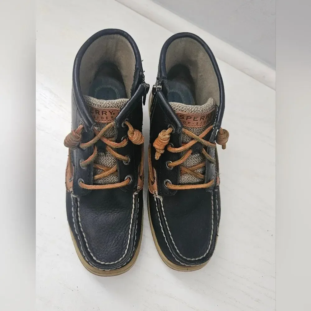 Sperry Top-Sider kids Lace Up‎ Boots Shoes Size 5.5M Navy and Brown Leather